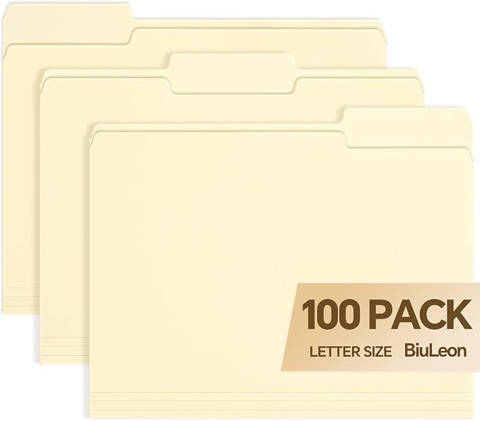 File Folders,100 Pack Manilla Folders 8.5x11,1/3 Cut Tabs Manila File Folders Letter Size for Easy Labeling and Organization,Vanilla Folders Great for Documents Home School Classroom Office Supplies