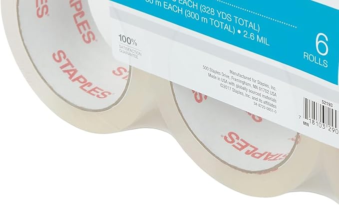 STAPLES Heavy‑Duty Shipping Packing Tape, 1.88” x 54.6 Yards — 6/Rolls