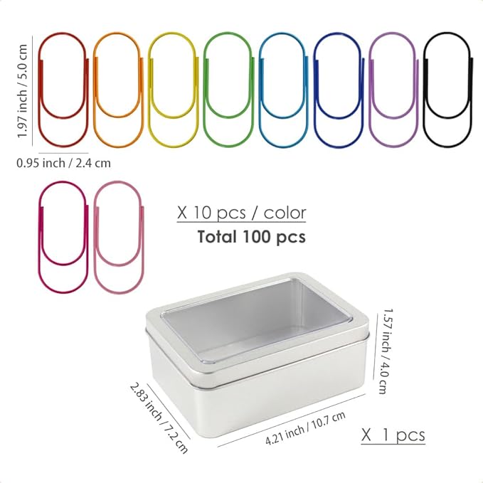 OWLFAVO 100pcs 2 inch Jumbo Paper Clips with Storage Box, 10 Colors, Funny Cute Paperclips Bookmarks Planner Clips for Fun Office Supplies School Gifts Wedding Decoration