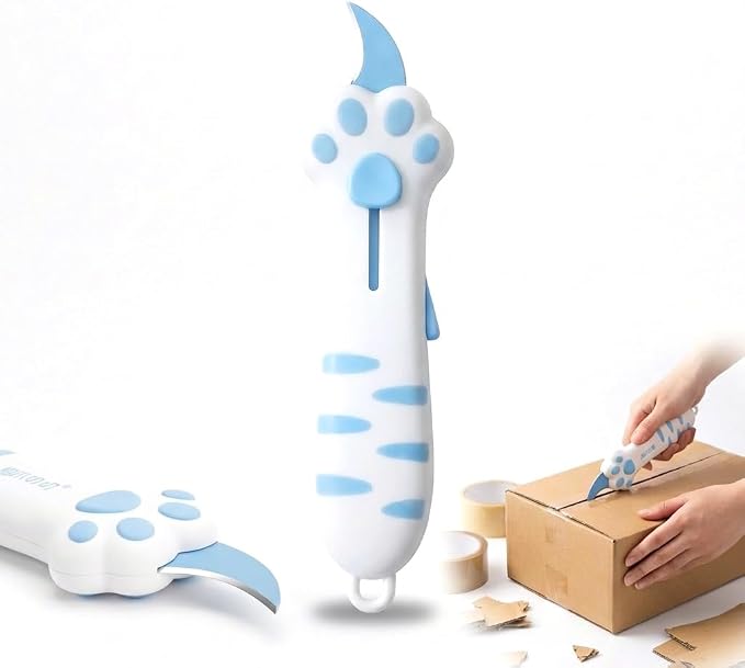 Cat Paw Box Cutter Cute Retractable Cat Box Cutter with Safety Lock | Mini Utility Knife with Ergonomic Paw Handle, Stainless Steel Blade for Opening Packages, Cardboard, Cartons & Tape