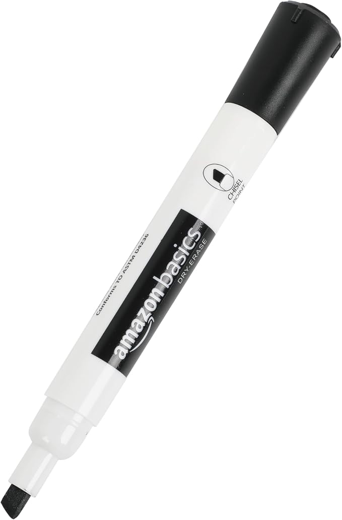 Amazon Basics Low-Odor Dry Erase Whiteboard Markers, Chisel Tip, Quick-Dry, Black, Red, Green, Blue, 8-Pack