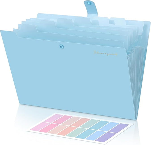 SKYDUE Expanding File Folder with 5 Pockets, Accordion File Organizer,Portable Receipt Paper Documents Organizer,Letter Size Filing Folder School Office Supplies,Lightblue