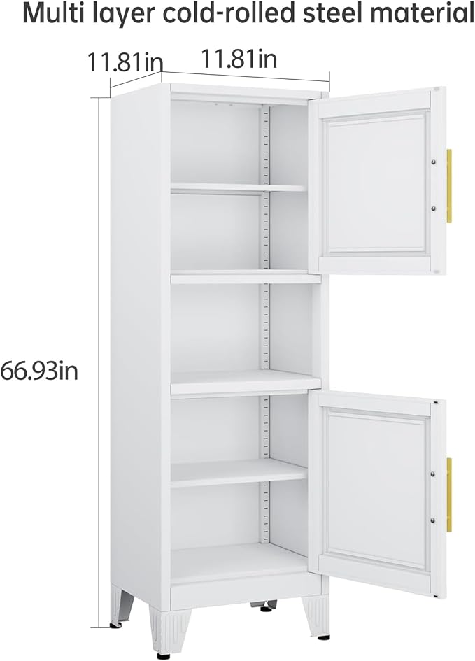 Metal Tall Narrow Bathroom Storage Cabinet, Freestanding Floor Cabinet with 2 Doors and Adjustable Shelves, Pantry Storage Cabinets for Bathroom, Living Room, Entryway and Kitchen (White)
