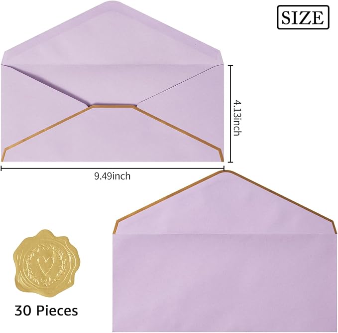 30 Pack #10 Business Envelopes with Stickers, Thick Paper, Light Purple | 4 1/8 x 9 1/2 Inches, Self Seal Standard Envelopes with Gold Border For Letter Mailing, Greeting Cards