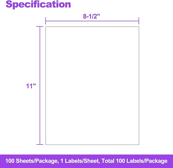100 Sheets 8.5" x 11" Full Sheet Label Sticker Paper for Laser & Inkjet Printers,AveneMark 100 Labels Self Adhesive 8-1/2" x 11" Printable Full Page Address Shipping Labels