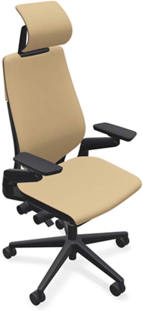 Steelcase Gesture Office Desk Chair with Headrest in Elmosoft Genuine Chamois L144 Leather Plus Lumbar Support Low Black Frame