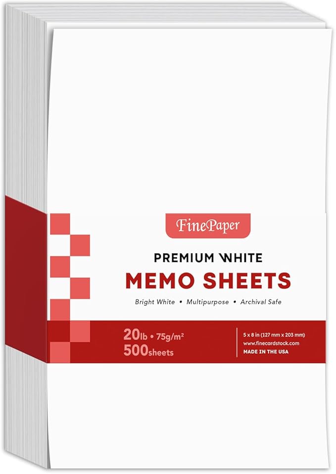 White Memo Sheets, 20lb Paper, 500 Sheets Per Pack (5 x 8)
