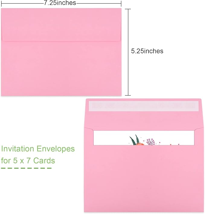 50 Packs 5x7 Envelopes, A7 5x7 Envelopes for Invitations, Printable Invitation Envelopes Self Seal for Weddings, Invitations, Photos, Greeting Cards, Mailing (Pink)