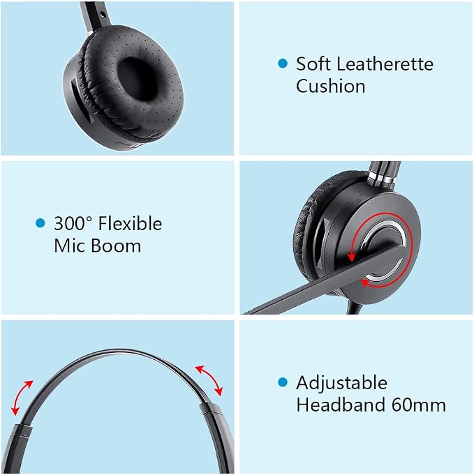 Telephone-Headset with Noise-Cancelling Microphone – Call Center Quick Disconnect (QD) Headset with RJ09 Cables, compatible with Yealink, Grandstream, Polycom, Snom, Fanvil, and Mitel Phones (Mono)