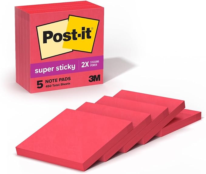 Post-it Super Sticky Notes, 5 Sticky Note Pads, 3 x 3 in., Ideal for Organization in Your Dorm, Home or Office, Single Color Packs Collection, Candy Apple Red