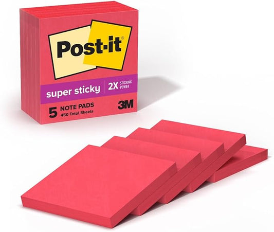 Post-it Super Sticky Notes, 5 Sticky Note Pads, 3 x 3 in., Ideal for Organization in Your Dorm, Home or Office, Single Color Packs Collection, Candy Apple Red