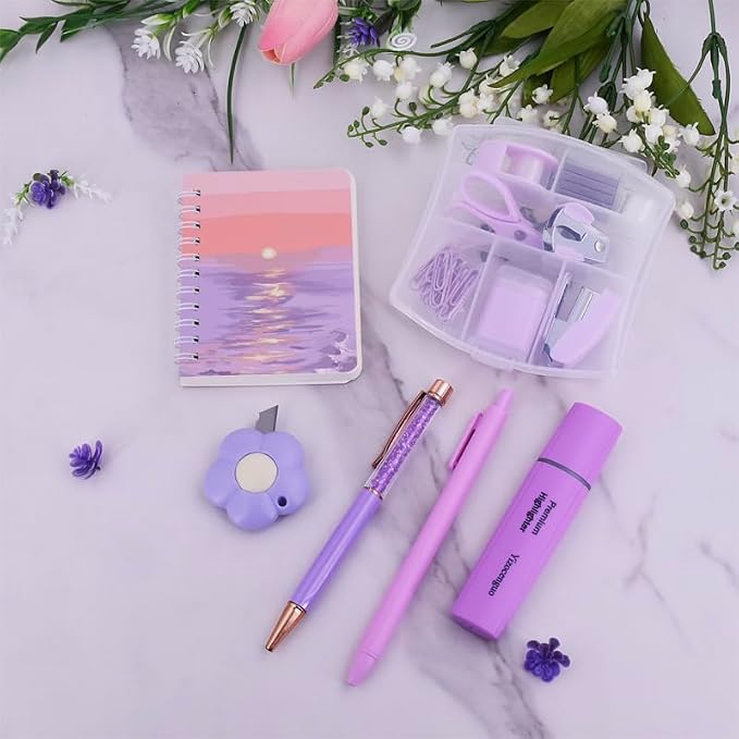 Mini Office Supply Kit Includes Stapler Tape Dispenser Staple Remover Paper Clips Scissor Notebook Highlighter Ballpoint Pen Small Telescopic Knife for Office and School Student (Purple Set)