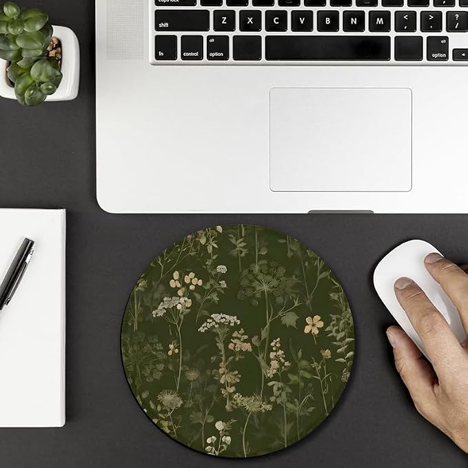 Dark Green Plant Round Mouse Pad, Rustic Spring Cottagecore Meadow Wildflower Botanical Mousepad Mat for Home Office Computer Laptop Desk Accessories 7.9x7.9 in