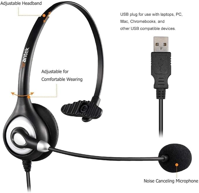 Wantek USB Headset with Microphone Noise Cancelling and in-line Controls, PC Headphone for Skype SoftPhone UC Business Call Center, Crystal Clear Chat, Super Lightweight, Ultra Comfort (UC600)