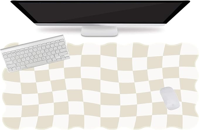 L-SPOUTTO Beige Checkered Mouse Pad,Scalloped Desk Mat XXL Gaming Mousepad | Geometric Large 35.4x15.7in Non-Slip Rubber Base Keyboard Pad Waterproof Desktop Mat for Laptop Computer Game Home Office