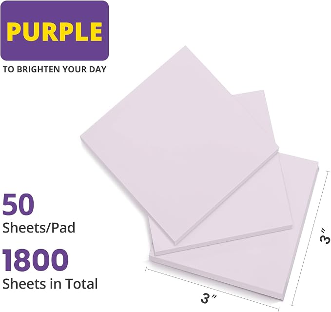 Taja 36 Pads Sticky Notes, 3 x 3 Inches, Purple Colors, 50 Sheets/Pad | Bulk Self-Stick Note Pads for Office, Study, and Daily Organization, Sticky Notes for Reminders, Lists