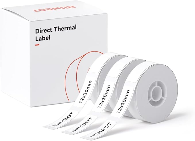 NIIMBOT Label Maker Tape for D110/D11/D101 Label Maker, 12mm x 30mm, White | 3Rolls 0.47'' x 1.18'', Thermal Label Paper for Home Office School Labeling Tape Replacement