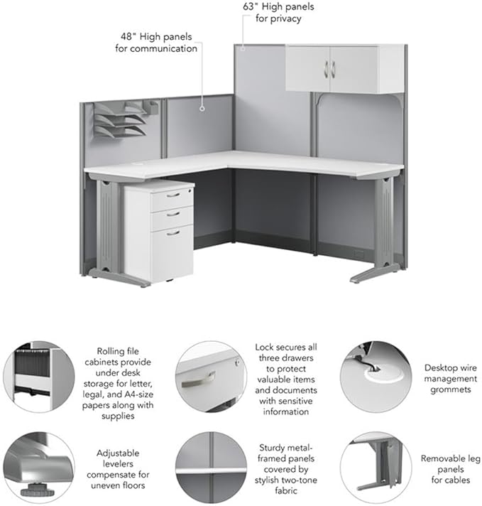 Bush Business Furniture Office in an Hour 65W L Shaped Cubicle Desk with Storage, Drawers, and Organizers in Pure White