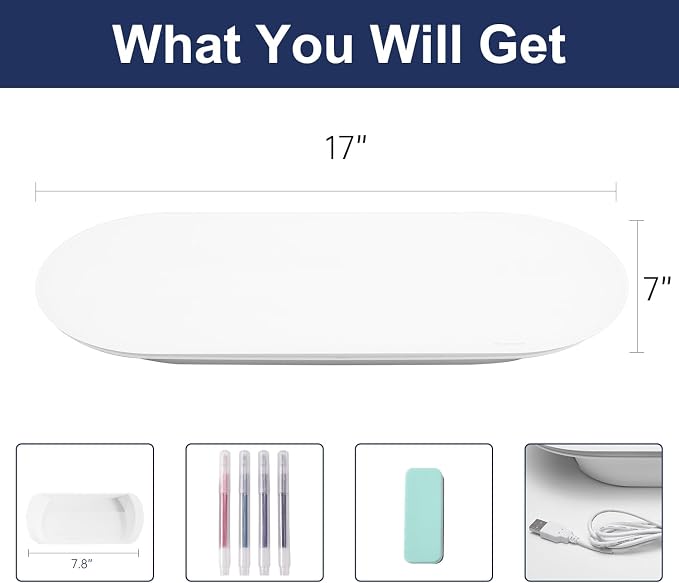 Glass Desktop Whiteboard - 17 X 7 Inches Small Dry Erase Board with Blue Light, Glass White Board Surface Notepad with 1 Drawer, Desk Organizers for Office, Home, School Supplies