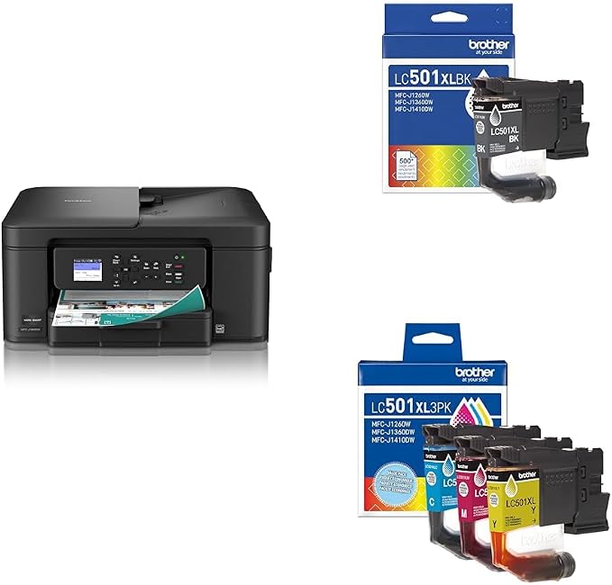 Bundle of Brother Work Smart 1360 Wireless Color Inkjet All-in-One Printer (MFC-J1360DW) + Brother Genuine LC501XLBK High Yield Black Ink Cartridge & LC501XL3PK 3-Pack High Yield Color Ink Cartridges