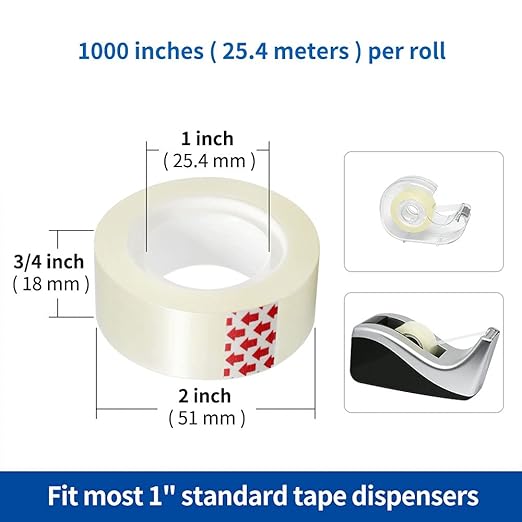 Transparent Tape Refills, 6 Rolls, 3/4 x 1000 Inches, 1 inch Core, Clear Desk Refillable Tape Dispenser Refill Rolls, Glossy Gift Wrapping Tape, Engineered for Home Office School Use