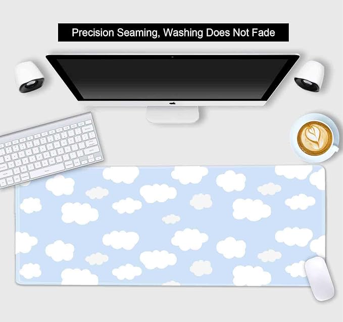 Cute Desk Pad, Blue Sky with Clouds Desk Mat, Large Mouse Pad, Protector Pad, Non-Slip Rubber Base with Stitched Edges Deskmat Writing Mat for Computer Laptop Office,31.5 X 11.8 in