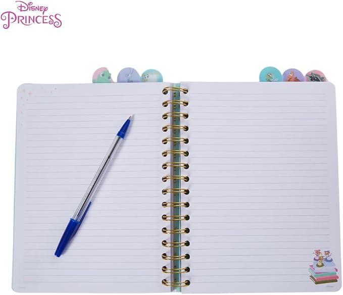 Disney Princess Tab Journal Notebook, Spiral Bound, Cute Dividers, 8 x 7 | Disney Spiral Notebook with 6 Dividers, Vinyl Cover for School, Cinderella, Ariel, Belle, Tiana Pocahontas, Mulan, Rapunzel