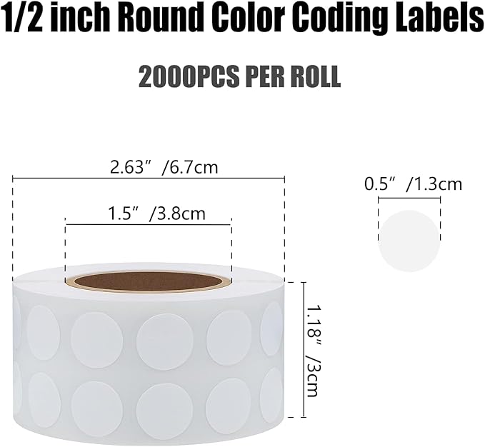 Hybsk 2000pcs White Circle Color Coding Dot Stickers Small Round Semi Gloss Paper Stickers Adhesive Label (1/2 inch)