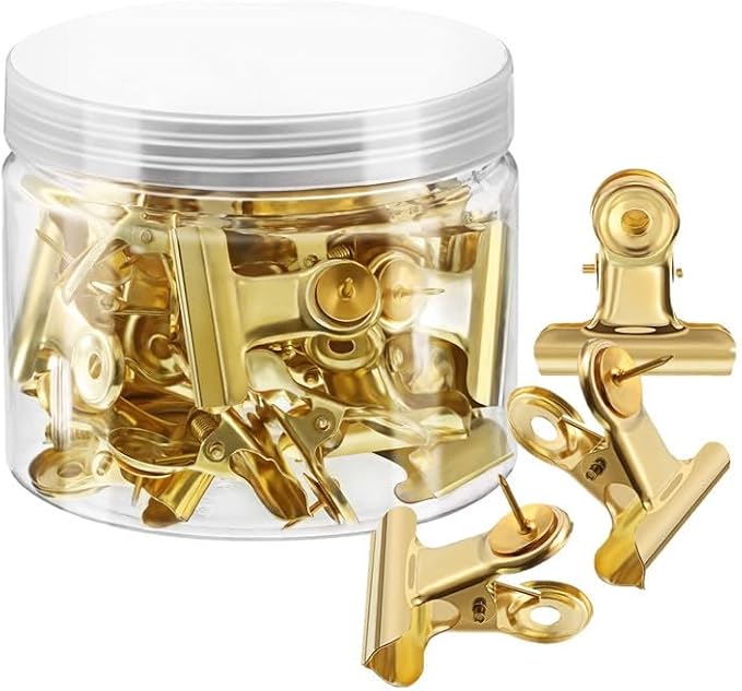 YUCHIYA 32 Pack Bulldog Clips with Push-pins for Corkboard,Metal Clips for Crafts, Metal Binder Clips for Pictures, Spring Paper Clamps for Office Documents (Gold,0.85inch)