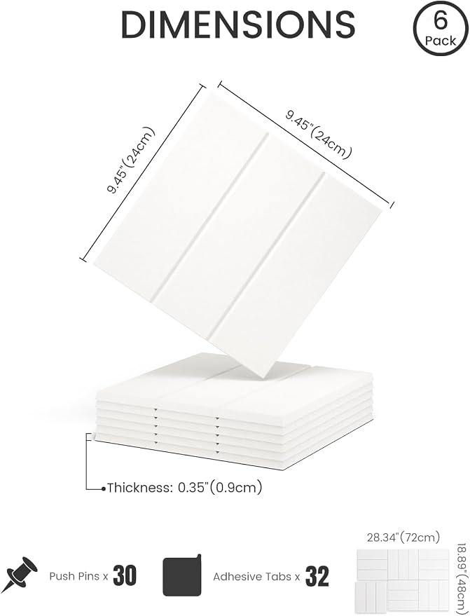 28" x 18" Felt Bulletin Board Tiles, Bold Stripe, Milky White | 6-Pack Cork Board Alternative, 30 Adhesive Tabs, Push Pin Board, Wall Decor, Office, Home, Classroom, Dorm