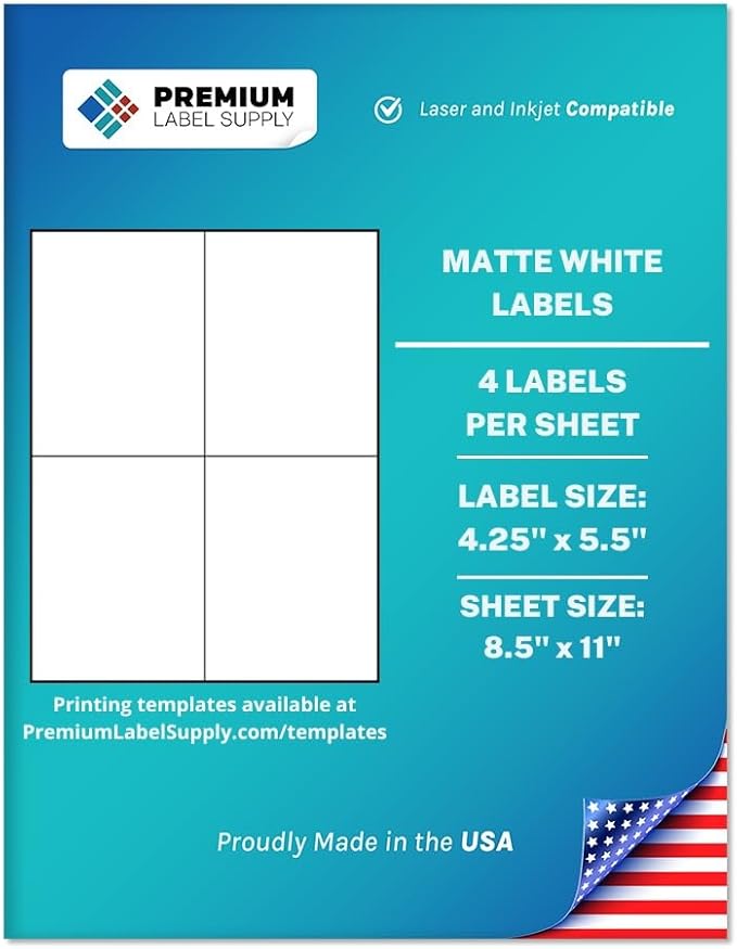 Premium Label Supply White Sticker Shipping Labels – 4.25" x 5.5" – Laser/Inkjet Compatible – (4 per Sheet), 1000 Sheets – 4000 Total Adhesive Labels