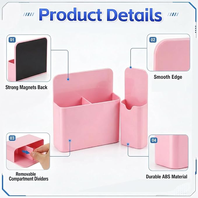 Magnetic Pen Holder, 2 Pack Magnetic Dry Erase Marker Holder with Compartments, Magnetic Marker Holder Pen Pencil Organizer for Whiteboard, Refrigerator, Classroom, Locker Accessories, Light Pink