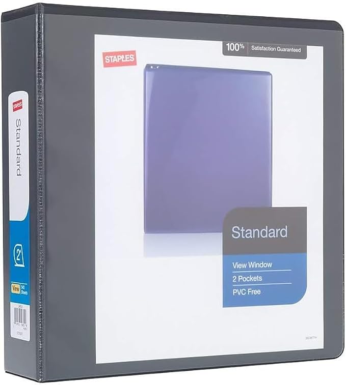 Staples Standard 2-Inch D-Ring View Binder, Black, 480 Sheets | Durable 3-ring binder for office, school, and home document storage.