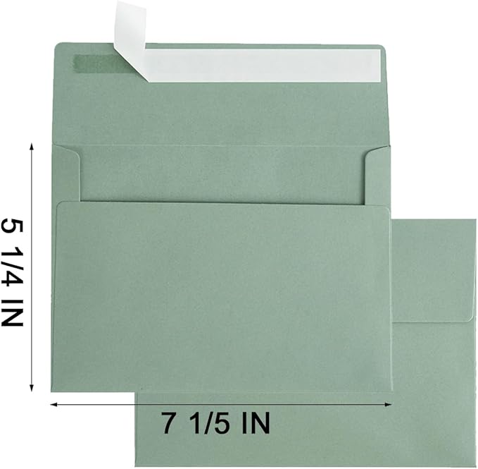 50 Pack 5 x 7 Envelopes Colored Self Seal for Wedding, Party Invitations, Greeting Cards, Announcements, Photos, 5.24 x 7.21 Inches (Sage Green)