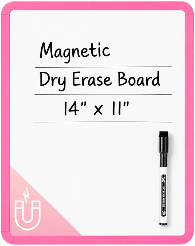 Mr. Pen- Dry Erase Board, 14” x 11” with a Black Dry Erase Marker | Light Coral Frame, Small Mini White Board for Students, Fridge, Wall, Locker, Includes Double Sided Tapes