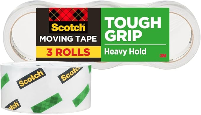Scotch Tough Grip Moving Packing Tape, Clear, Moving Tape That Secures Boxes up to 80 Pounds, 1.88 in. x 43.7 yd., 3 Tape Rolls