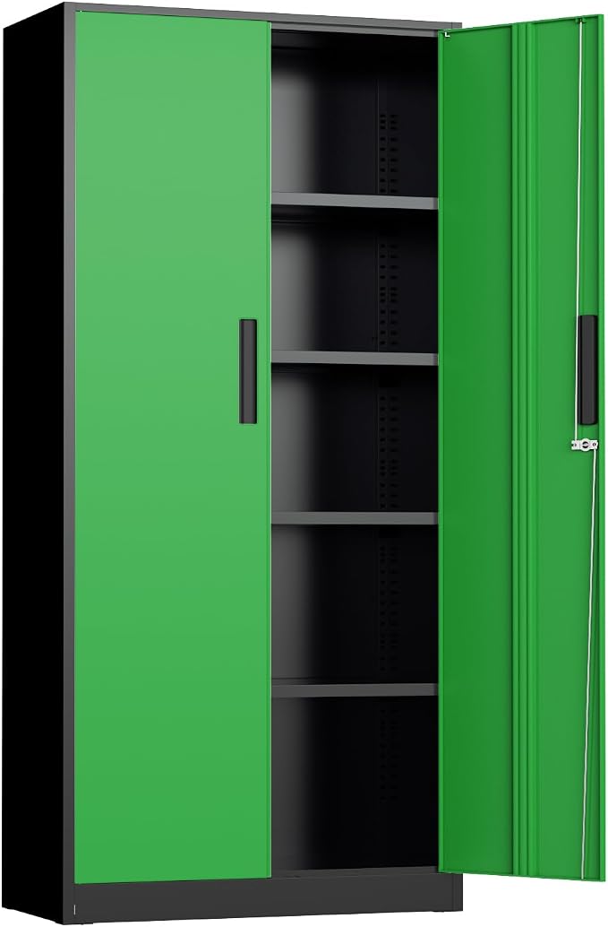 Metal Storage Cabinet, 72" Locking Steel Cabinets with 2 Door and 4 Adjustable Shelves, Tall Metal Cabinet for Home Office, Garage, Warehouse,(Black+Green)