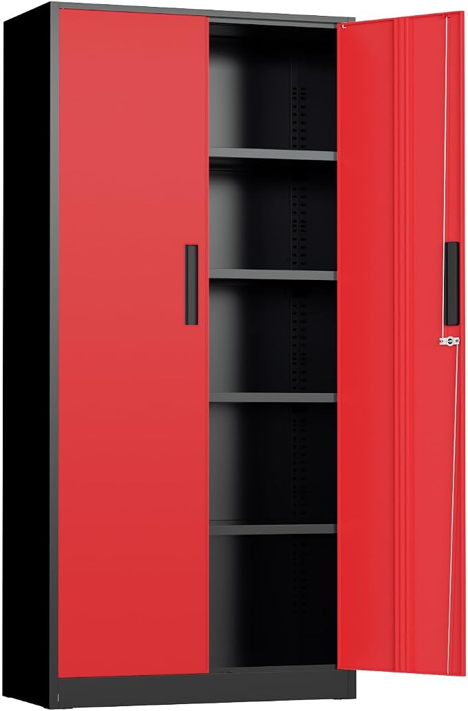 Metal Storage Cabinet, 72" Locking Steel Cabinets with 2 Door and 4 Adjustable Shelves, Tall Metal Cabinet for Home Office, Garage, Warehouse, Black Red