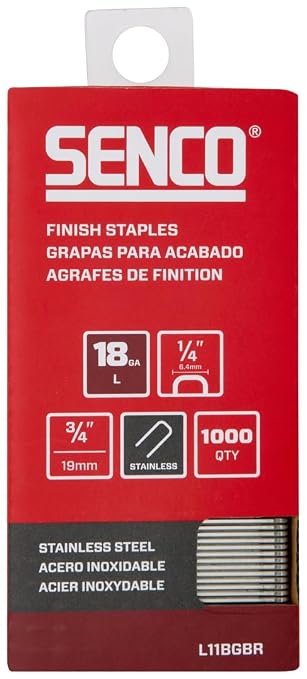 SENCO Collated Medium Wire Staples, Stainless Steel, 18GA(L11BGBR) 1,000 bx | 1/4" Crown x 3/4" Stainless Steel Finish Staples; trim/cabinetry/furniture/paneling/finish work