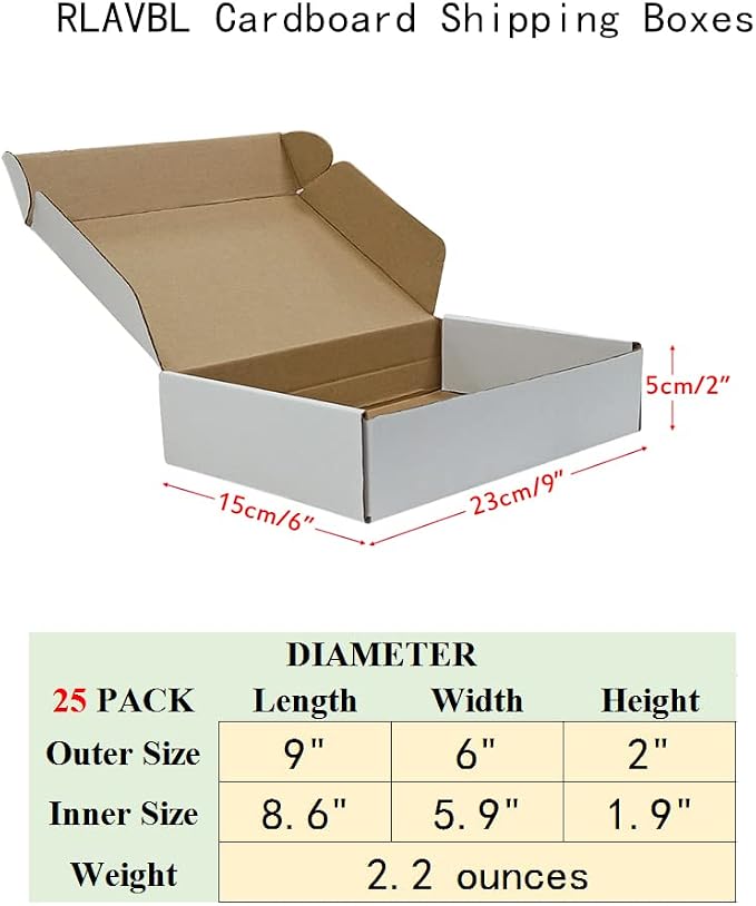 RLAVBL 9x6x2 Inches Shipping Boxes Set of 25, White Small Corrugated Cardboard Box, Mailer Boxes for Packing Small Business