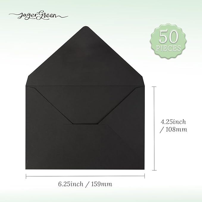 50 Pack 4x6 Envelopes Letter Size, Black A4 Envelopes Self Seal for Wedding Invitation, Envelope 4.3x6.3 for Greeting Cards, Photos, Baby Shower, Graduation, Thank You Cards, Announcements