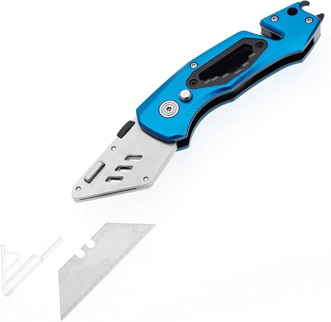 Utility Knife Folding Safety Lock Quick Change with 10 Extra SK5 Replacement Blade Lightweight Aluminum Handle & Pocket Clip Multi-Use Box Cutter Office Home Art Diy Great Gift Choice (Upg V. Blue)
