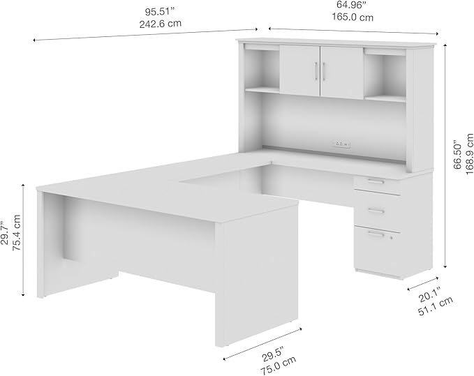 Bestar Logan 66W U or L-Shaped Executive Office Desk with Pedestal and Hutch in White Chocolate