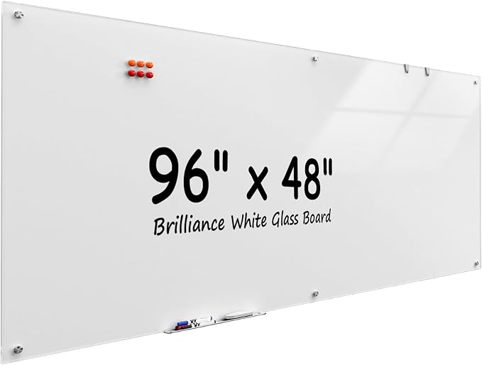 MaxGear 96" x 48" Glass Whiteboard Wall Mounted for Office Home Classroom | Magnetic Glass Dry Erase Board, Tempered Glass, Steel Backed, Non-Porous Surface, Frameless Design, Hardware Included