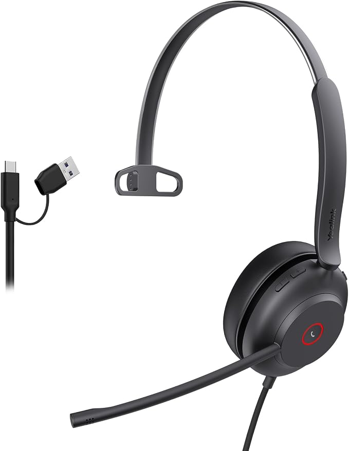 Yealink UH37 PC Headset with Mic for Computer Wired Headphones with USB-C/A | Professional Single Ear Office Headset with Noise Cancelling Microphone Mono USB Headphone for VoIP Skype UC Platform
