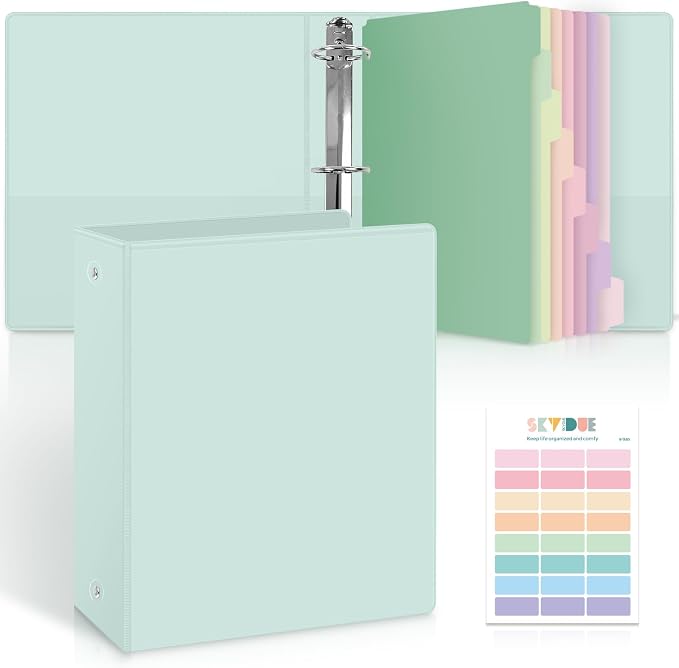 SKYDUE 2 Inch 3 Ring Binder with 8 Tab Dividers & 24 Labels, Large Capacity Pastel Binder Organizer for Letter Size Paper, Aesthetic School Binder for Documents, Office & Home Organization, Green