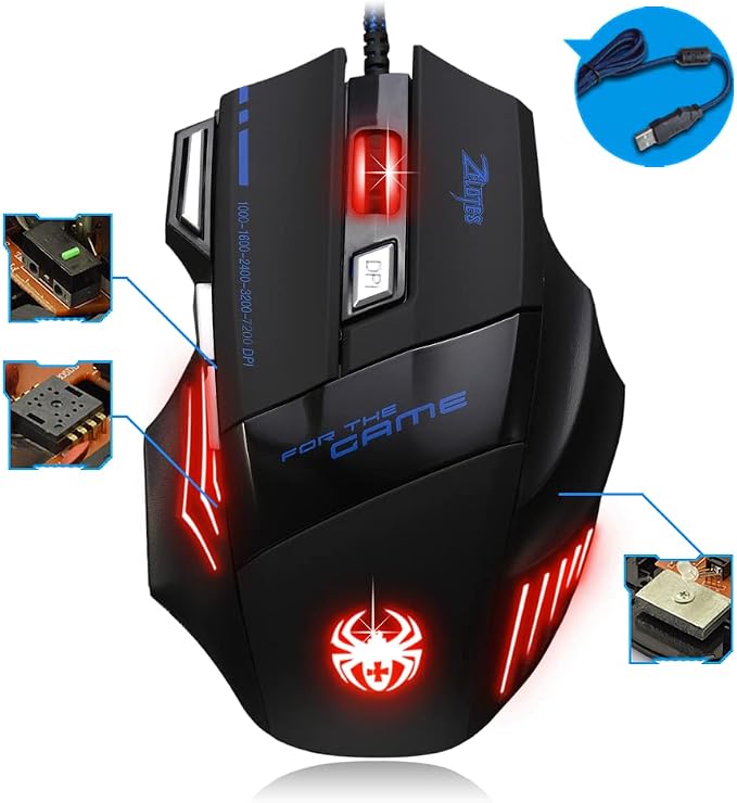 zelotes Ergonomic Gaming Mouse with Rapid Fire Button, 7200 DPI(5-Level Adjustable), 7 Buttons,LED Lighting, USB Wired Optical Mouse for Office/Gaming, Compatible with Laptop/PC (Black)
