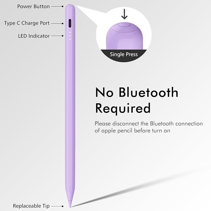 Stylus Pen for iPad, 13 mins Fast Charge for Apple iPad Pencil with Palm Rejection, Compatible with 2018-2025 iPad Air 3/4/5/6, iPad mini 5/6, iPad 6/7/8/9/10, iPad Pro 11"/12.9"/13" (Purple)