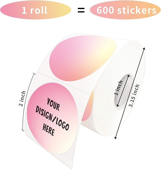 2 Inch Pink Round Thermal Sticker Labels, Self-Adhesive Circle Direct Thermal Labels, Multi-Purpose Roll Sticker Labels for DIY Logo Design, QR Code, Name Tag（ 600 Labels，1 Roll）