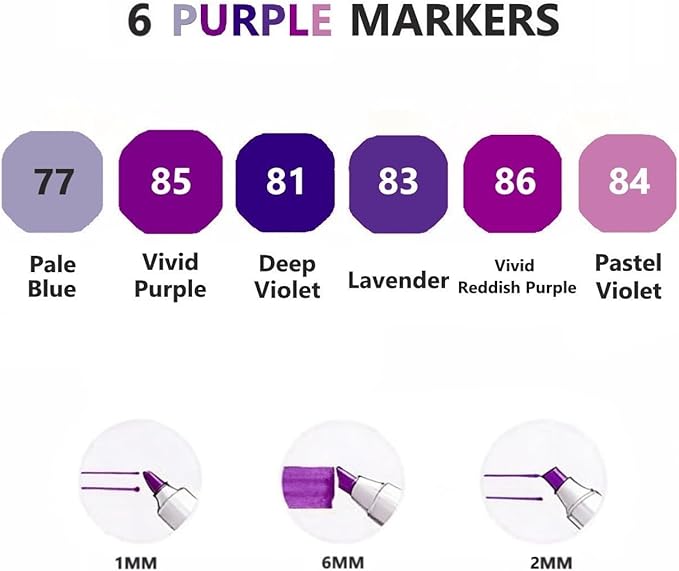 Arhomet 6 Colors Purple Pink Alcohol Markers Set, Dual Tips Art Markers Drawing Sketched Double Tipped for Adults Artists (Purple)